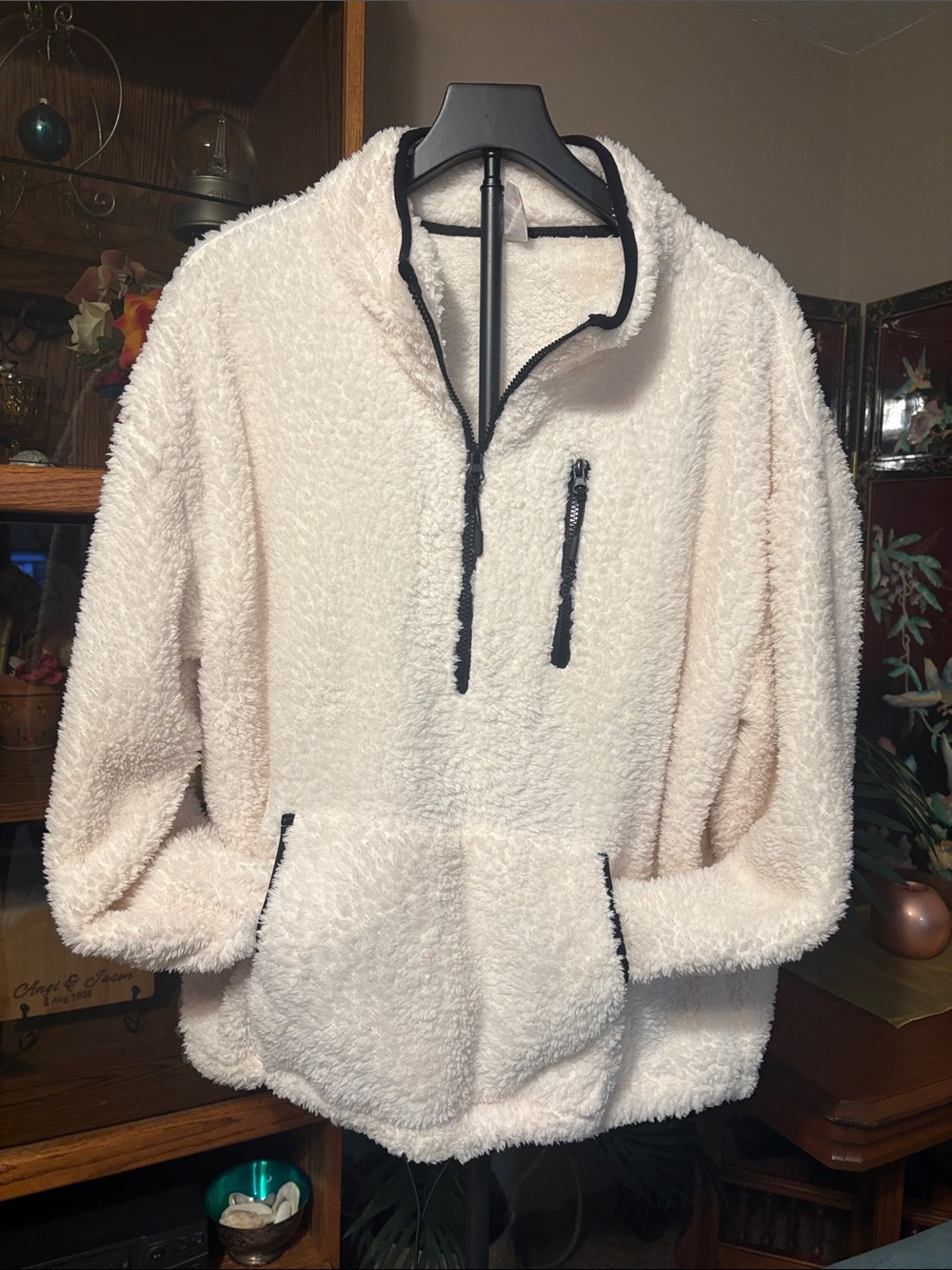 NWOT Cozy Cream Sherpa Half-Zip Pullover with Black Trim